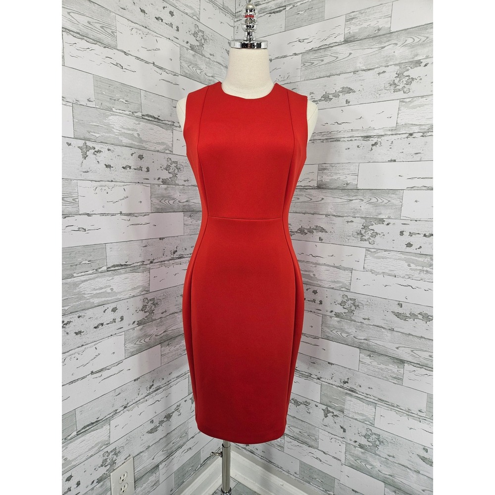 Calvin Klein Red Sleeveless Scuba Sheath Dress Gold Back Zipper Size 4